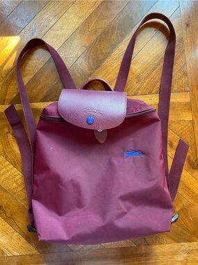 Longchamp Burgundy Nylon Backpack with Leather Flap Le Pliage 100% Authentic